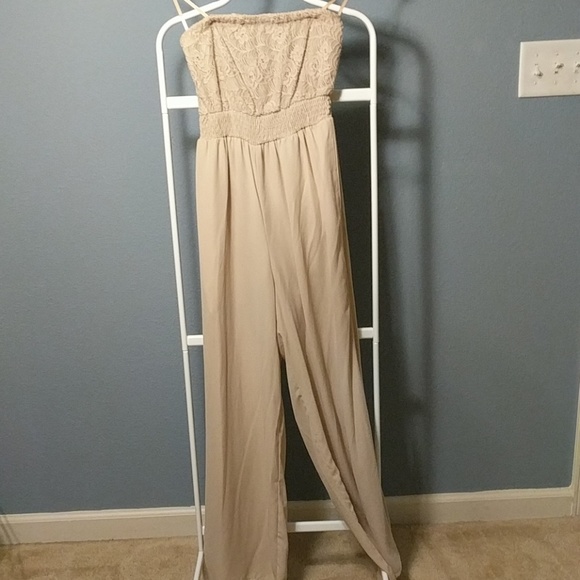 Monteau Pants - Womens strapless lace top tan jumpsuit